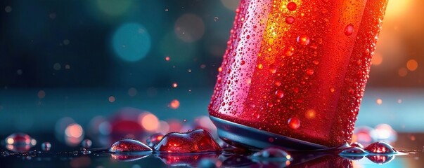 Refreshing Energy Drink Condensation Dripping, Vibrant Colors, Perfect for Advertising
