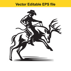 Obraz premium Cowboy Riding a Bucking Deer Silhouette Illustration for Western, Rodeo, or Wildlife Theme Designs and Artwork Projects