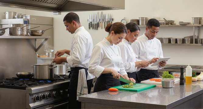 Chefs preparing food in a commercial kitchen, cooking, chopping vegetables, and consulting a digital tablet for recipes and instructions.