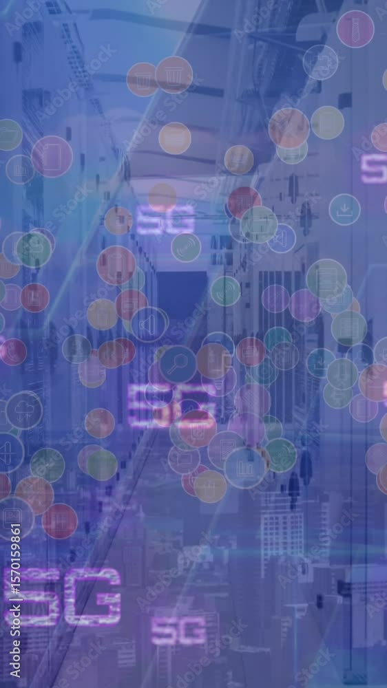Poster multiple 5g texts and network of digital icons against empty computer server room