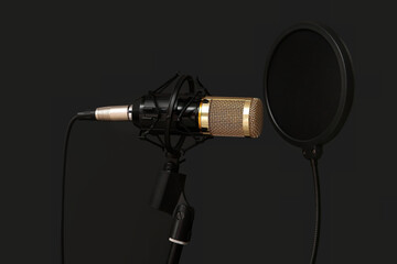 Stand with professional microphone on black background