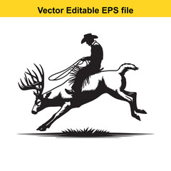 Fototapeta premium Silhouette of a Cowboy Riding a Jumping Deer with Antlers in a Western Style Vector Editable EPS File for Print