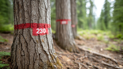Marked trees in conservation zone for environmental monitoring and protection