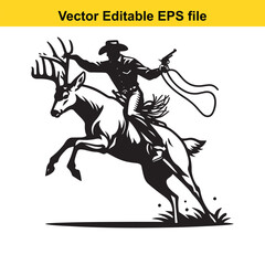 Cowboy Silhouette Riding a Bucking Deer with Lasso and Gun Vector Graphic for Western Theme or Logo Design