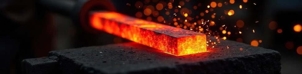 Glowing Hot Metal Bar in Forge Intense Heat and Sparks, Close-up Metalworking