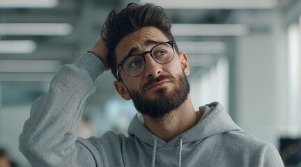 A confused man scratches his head, wearing glasses and a grey hoodie, showing a perplexed expression indoors with blurry background.