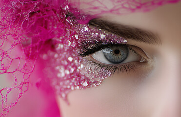 Incandescent blue eye with pink crystal skin ornaments and pink fish net – dreamy beauty editorial close-up.