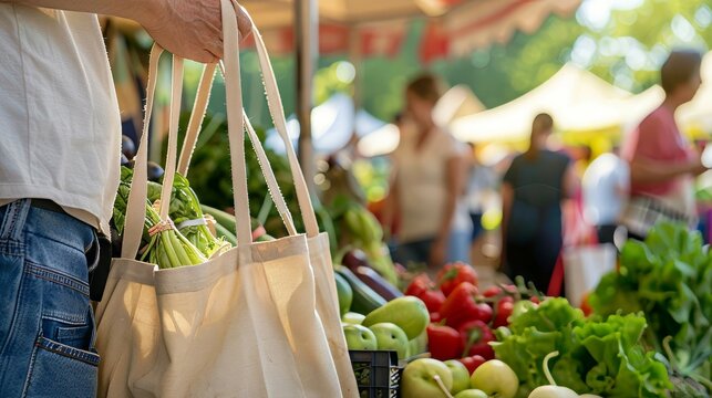 Eco bag with fresh herbs at outdoor market. Great for green living or nutrition blogs. Offers bright, natural look for eco conscious designs.