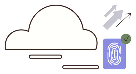Cloud with horizontal lines for connectivity, fingerprint with green check for secure access, and upward arrows for data growth. Ideal for technology, security, data storage, networking, innovation