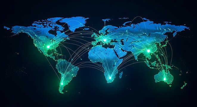 Global network connections visualized on a world map, showcasing interconnectedness through glowing lines.