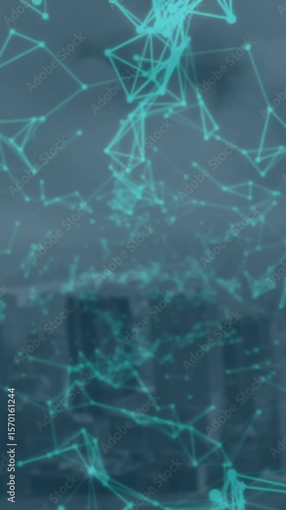 Poster animation of network of connections floating over aerial view of cityscape