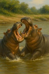 Fototapeta premium Two hippos joyfully play in a river, their mouths wide open in a lively splash, showcasing a moment of playful bonding in nature.