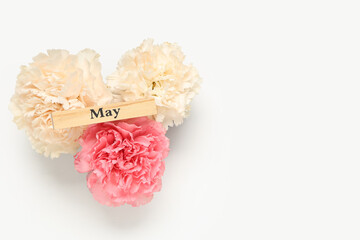 Beautiful carnation flowers and wooden block with word MAY on light background