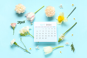 Composition with calendar of April and different spring flowers on color background