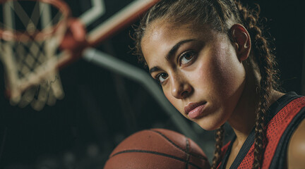 Determined young female athlete with braided hair holding basketball with a basketball net visible in the background. Intense gaze.