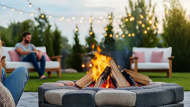 Cozy evening gathering around outdoor fire pit with friends under twinkling string lights