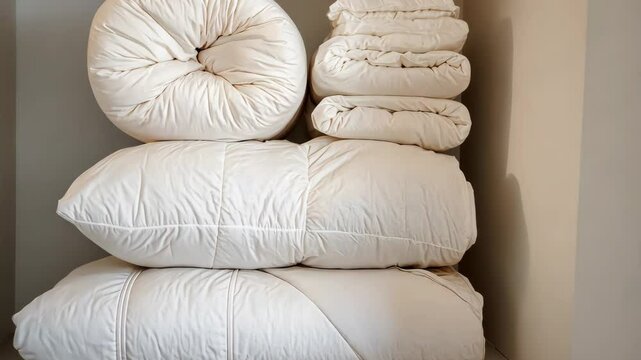 Neatly stacked comforters and pillows in a minimalist closet setting