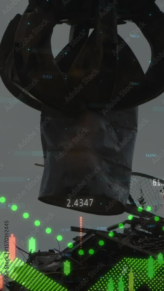 Poster animation of financial graphs and data over junkyard