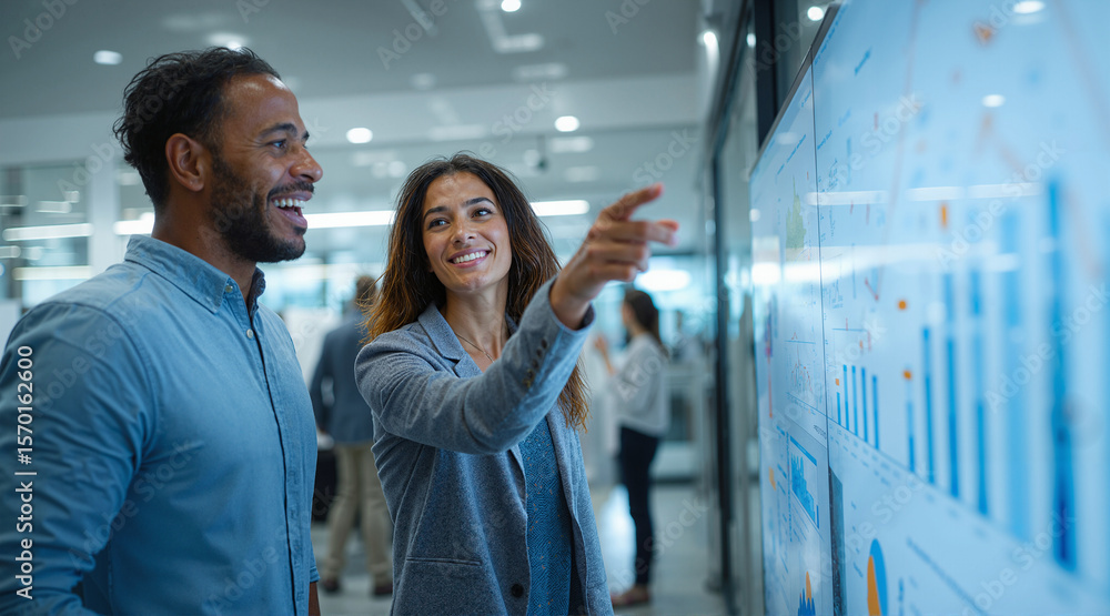 Poster business professionals reviewing data charts and graphs, collaborating in a modern office setting, a