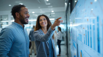 Business professionals reviewing data charts and graphs, collaborating in a modern office setting, analyzing performance metrics.