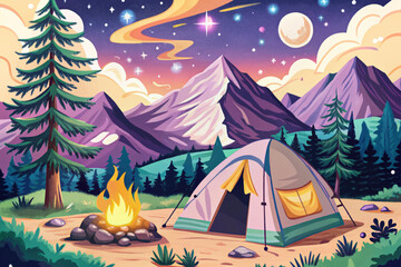 Nighttime Mountain Camping Scene with Tent and Stars Adventure Style