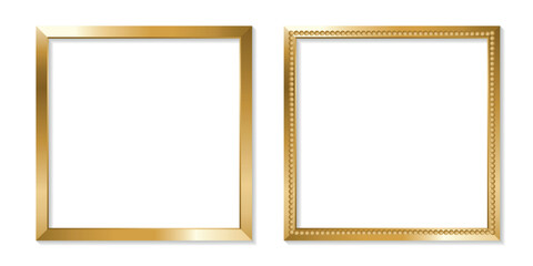 Thin Square Golden Picture Frame Set with Glares and Shadow. Vector Illustration