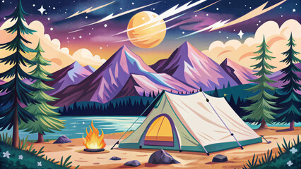 Nighttime Mountain Camping Scene with Tent and Stars Adventure Style
