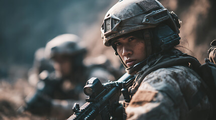 A female soldier, intently focused, holds a rifle, with a comrade in the background, amidst a rugged, natural environment.