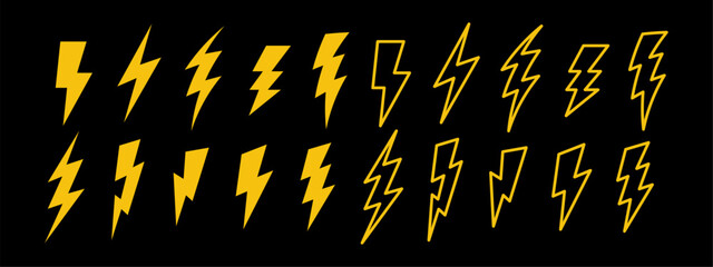Vector graphic featuring a collection of yellow lightning bolt icons in various styles. © cddesign.co