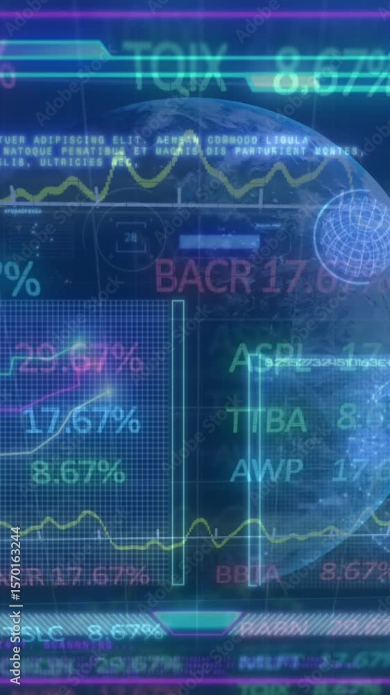 Poster animation of financial graphs and data over navy digital screen with globe