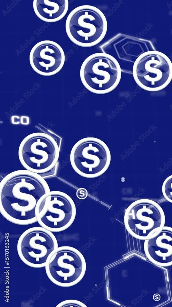 Poster animation of data processing and dollar symbols on blue background