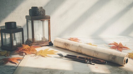 An ink brush and aged parchment with scattered maple leaves, evoking scholarly nostalgia under soft lantern light.