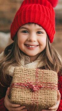 A smiling child in a red hat and sweater holds a wrapped gift, conveying the joy of the season.","child