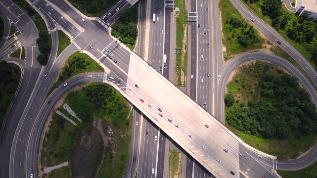 Drone view of Expressway in Virginia. traveling on interstate 495. Complex traffic infrastructure in Tysons, VA.
