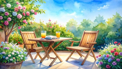 水彩タッチで描かれた静かな屋外パティオ、木製チェアとテーブルに置かれた本と冷たい飲み物、花咲く植物と澄んだ青空が調和する穏やかな風景

