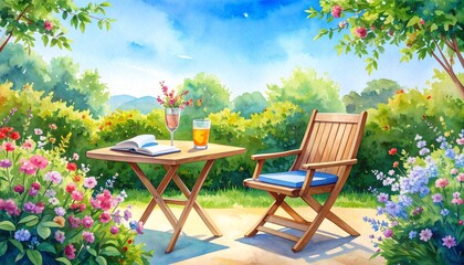 Fototapeta premium 水彩タッチで描かれた静かな屋外パティオ、木製チェアとテーブルに置かれた本と冷たい飲み物、花咲く植物と澄んだ青空が調和する穏やかな風景