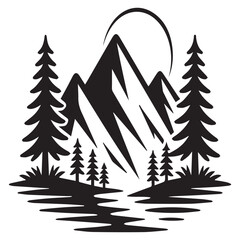 Obraz premium Stylized black silhouette of majestic mountains with pine trees and a winding river under a crescent sun or moon
