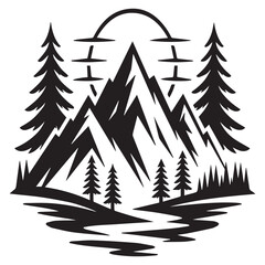 Stylized black and white graphic illustration of a mountain range with pine trees and a winding river reflecting the dramatic peaks and sky