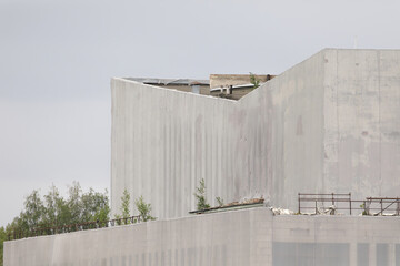 Detailed view of the decaying facade of the Nevsky Culture House, with faded concrete surfaces, scaffolding, and overgrown plants.