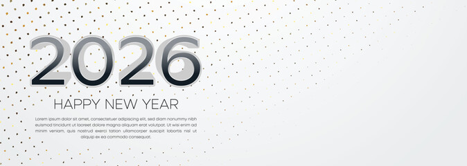 Minimal White 2026 New Year Banner with Elegant Grey Text and Sparkling Background