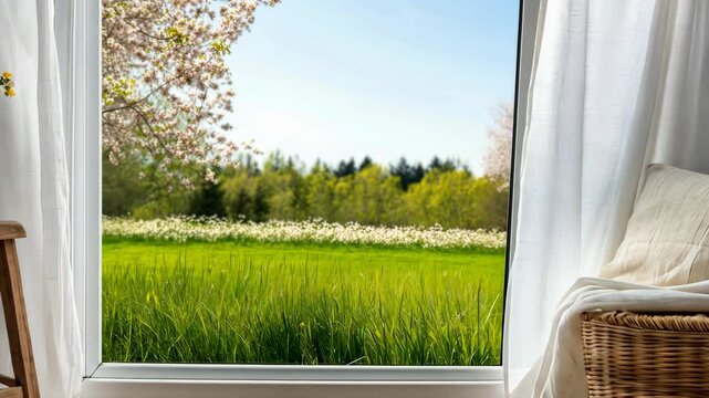 Sunny spring morning: blossoming trees and breezy white curtains in a cozy living room