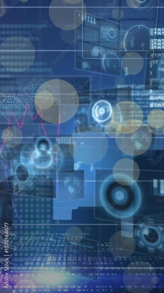 Poster animation of graphs and diverse data processing on navy digital screen with cityscape