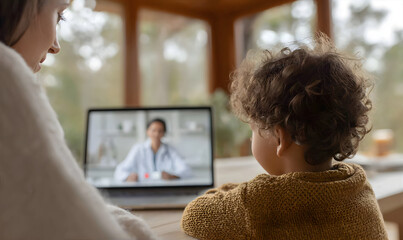 Woman and child having a video call with a doctor on laptop. Telemedicine consultation for healthcare. Online visit concept.