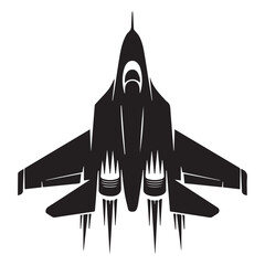 A stylized black silhouette of a modern fighter jet in flight viewed from directly above with its engines firing