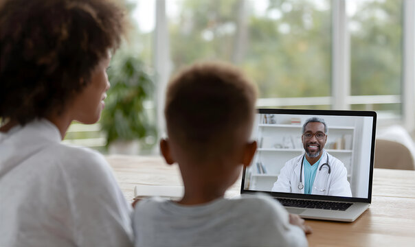 African american woman and boy talk with doctor on computer. Healthcare online consultation concept. Telemedicine remote visit.