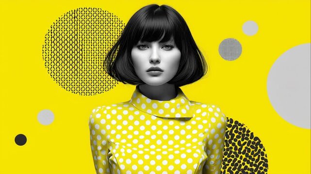 Contemporary fashion editorial footage featuring a confident model wearing a vibrant yellow polka dot dress set against a dynamic yellow background with graphic black and grey circle patterns.