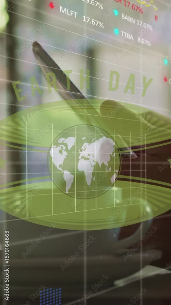 Aufkleber animation of globe and financial data over hands of caucasian man using smartphone