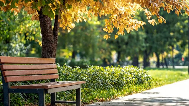 Sunny autumn park with empty bench and falling leaves: tranquil nature scene