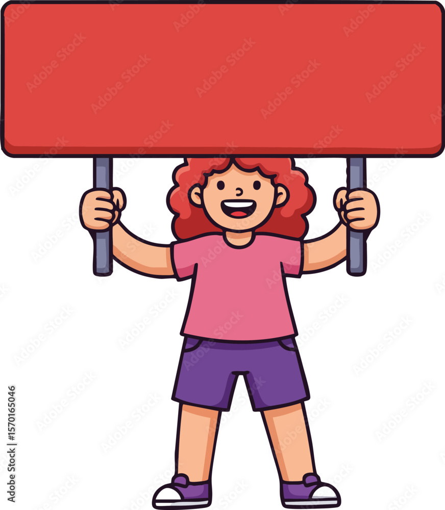Poster child holding blank red sign board for protest or message space with happy expression vector illustr