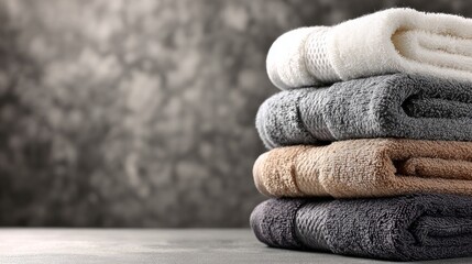Stack of soft towels neatly folded on a bathroom counter with space for text